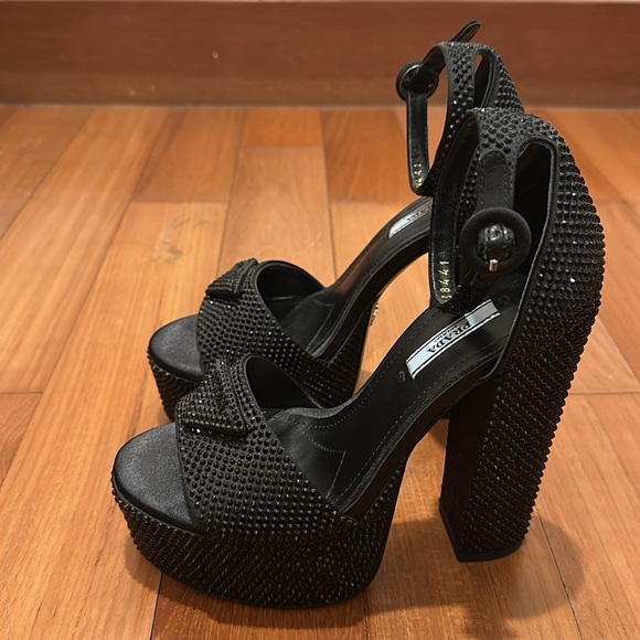 PRADA Platform Black Satin & Crystals Heels 37 - Picture 2 of 8
